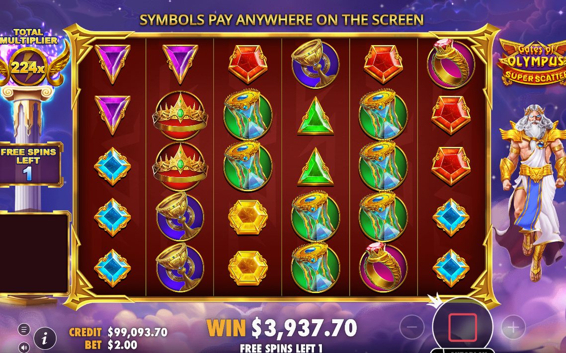 Win screen shows the payout after the tumble sequence ends